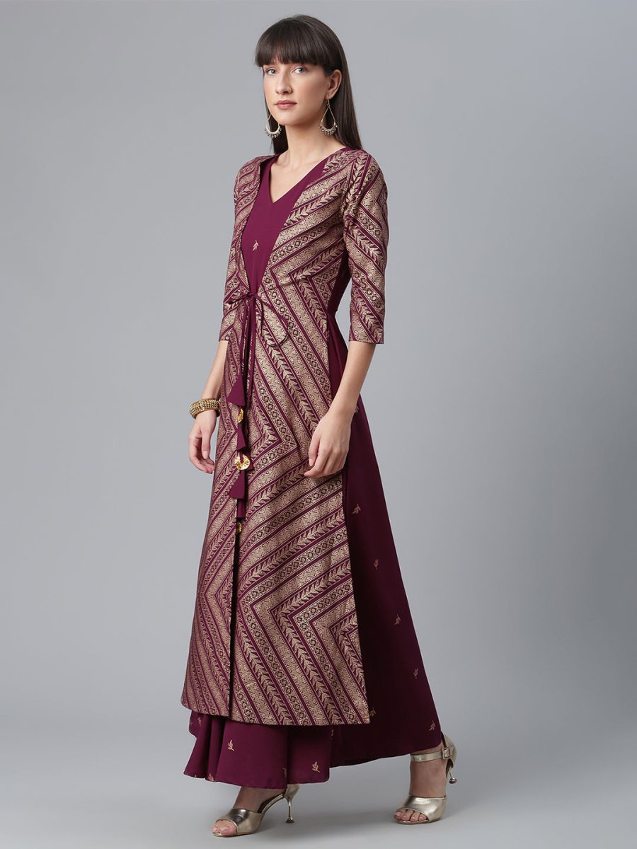 Ahalyaa Crepe Wine Glitter Print Kurta With Jacket | Grocsy