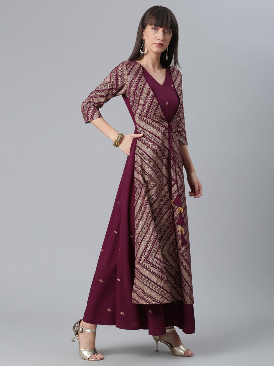 Ahalyaa Crepe Wine Glitter Print Kurta With Jacket | Grocsy