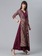 Ahalyaa Crepe Wine Glitter Print Kurta With Jacket | Grocsy