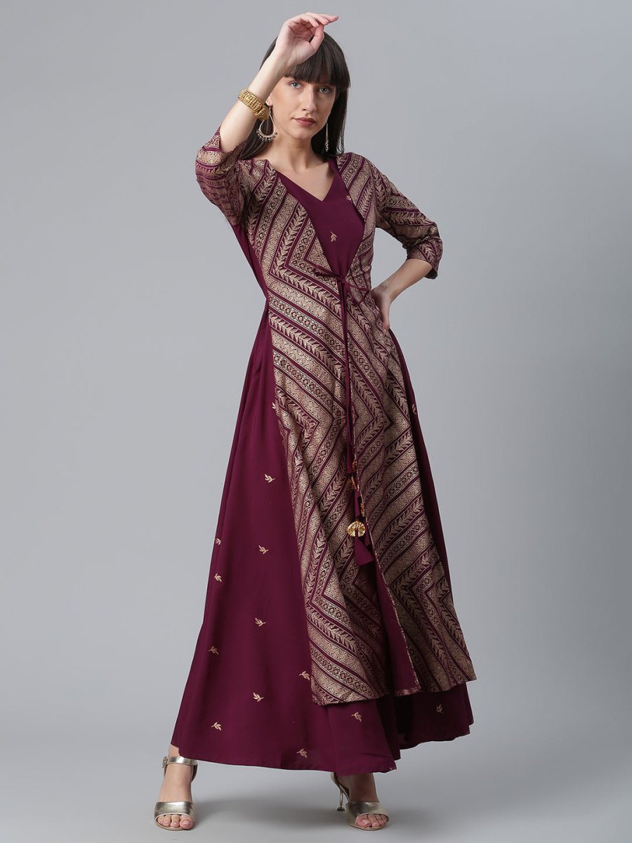 Ahalyaa Crepe Wine Glitter Print Kurta With Jacket | Grocsy