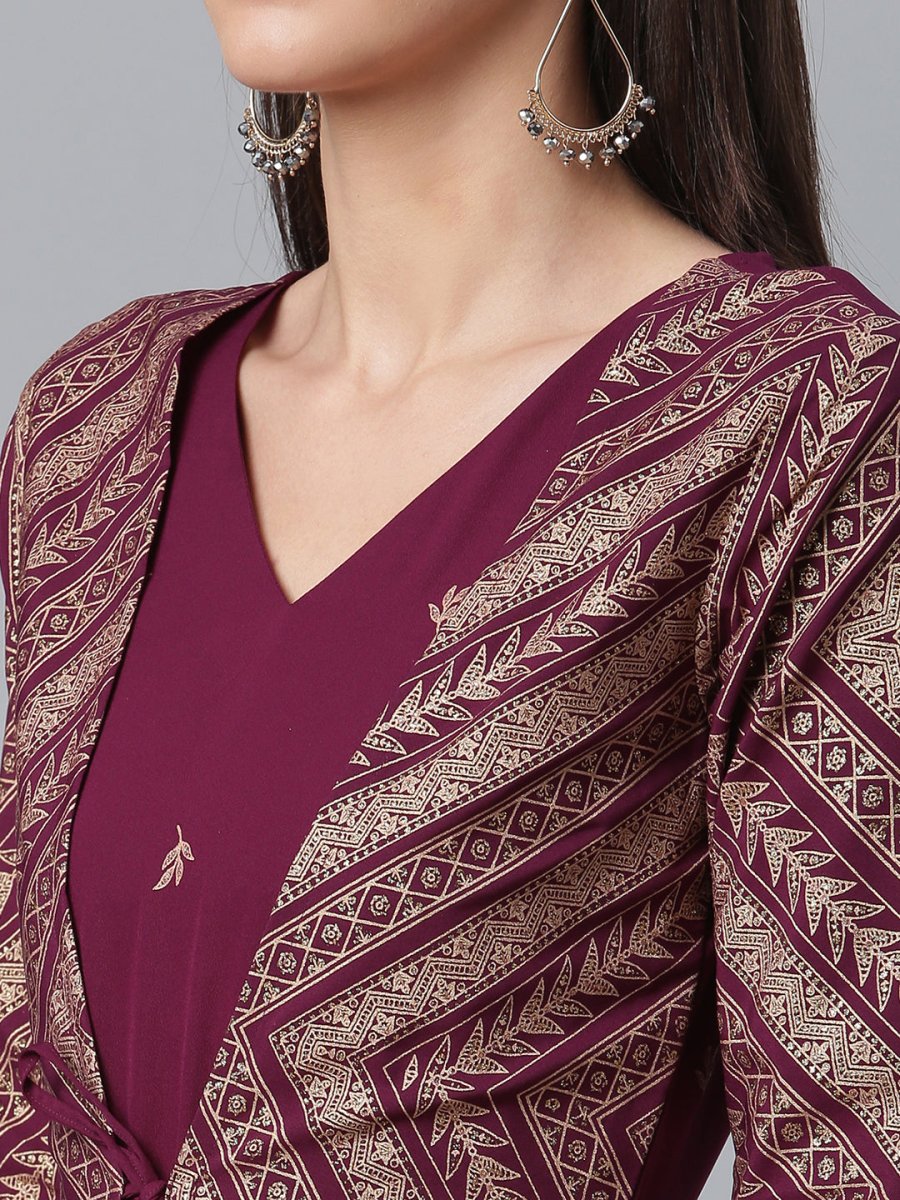 Ahalyaa Crepe Wine Glitter Print Kurta With Jacket | Grocsy