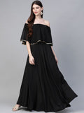 Ahalyaa Women Black & Golden Foil Printed Detail Off-Shoulder Layered Maxi Dress | Grocsy