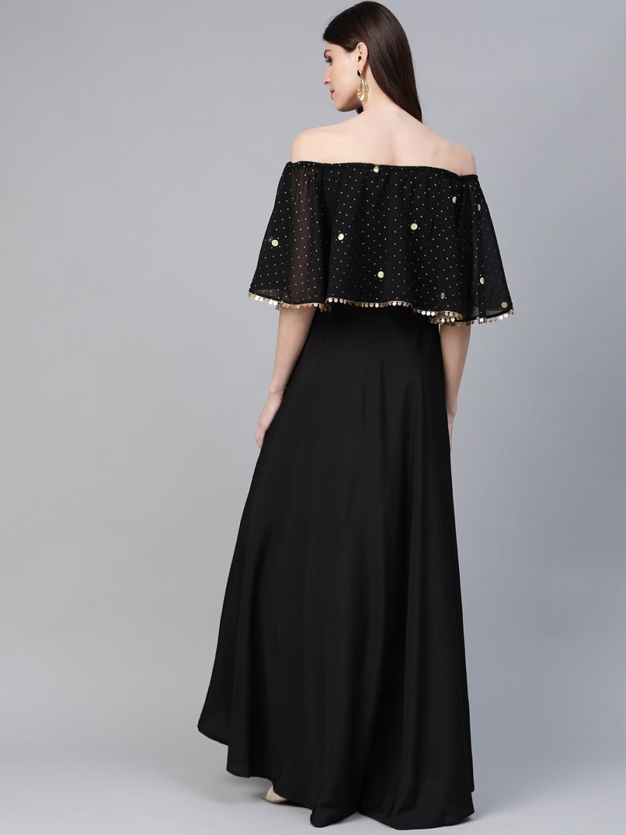 Ahalyaa Women Black & Golden Foil Printed Detail Off-Shoulder Layered Maxi Dress | Grocsy