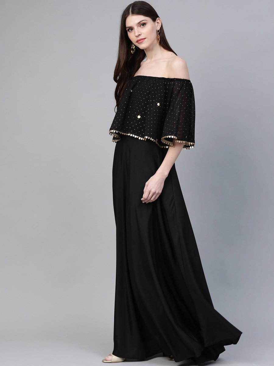 Ahalyaa Women Black & Golden Foil Printed Detail Off-Shoulder Layered Maxi Dress | Grocsy
