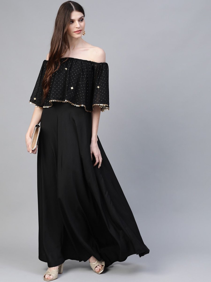 Ahalyaa Women Black & Golden Foil Printed Detail Off-Shoulder Layered Maxi Dress | Grocsy