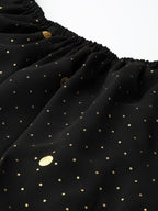 Ahalyaa Women Black & Golden Foil Printed Detail Off-Shoulder Layered Maxi Dress | Grocsy
