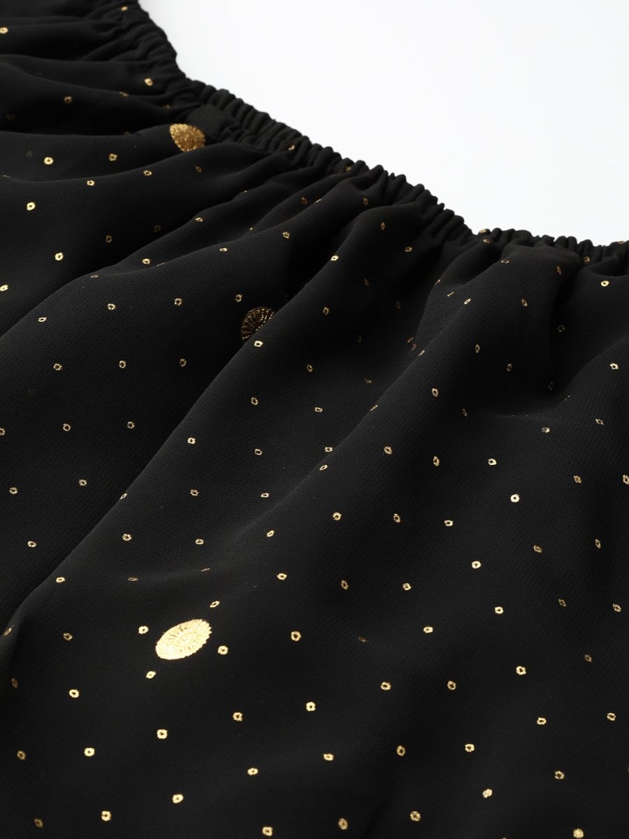 Ahalyaa Women Black & Golden Foil Printed Detail Off-Shoulder Layered Maxi Dress | Grocsy