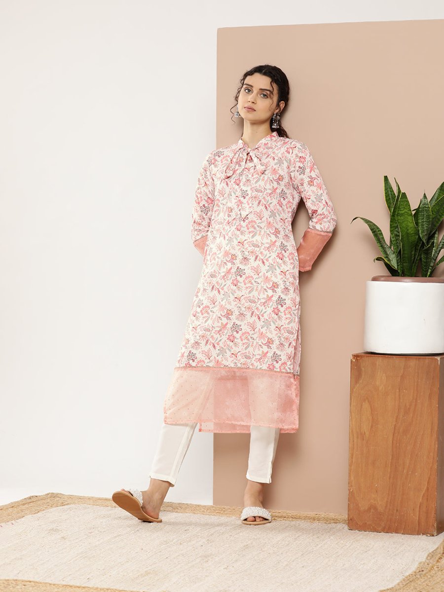 Ahalyaa Women Pink & Off White Floral Printed Gotta Patti Floral Crepe Kurta | Grocsy
