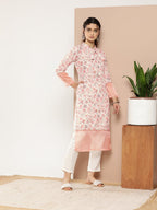 Ahalyaa Women Pink & Off White Floral Printed Gotta Patti Floral Crepe Kurta | Grocsy