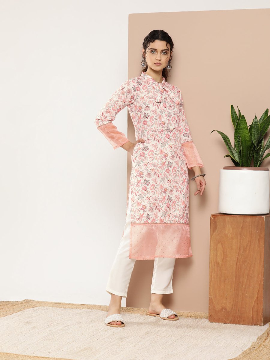 Ahalyaa Women Pink & Off White Floral Printed Gotta Patti Floral Crepe Kurta | Grocsy