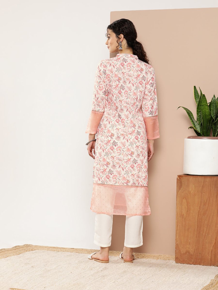 Ahalyaa Women Pink & Off White Floral Printed Gotta Patti Floral Crepe Kurta | Grocsy