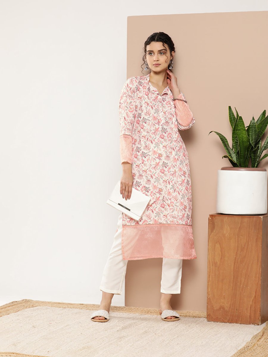 Ahalyaa Women Pink & Off White Floral Printed Gotta Patti Floral Crepe Kurta | Grocsy
