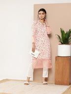 Ahalyaa Women Pink & Off White Floral Printed Gotta Patti Floral Crepe Kurta | Grocsy