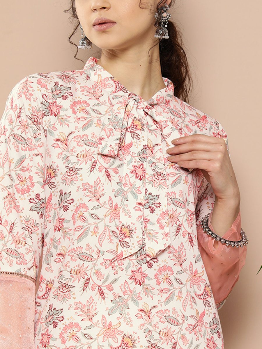 Ahalyaa Women Pink & Off White Floral Printed Gotta Patti Floral Crepe Kurta | Grocsy