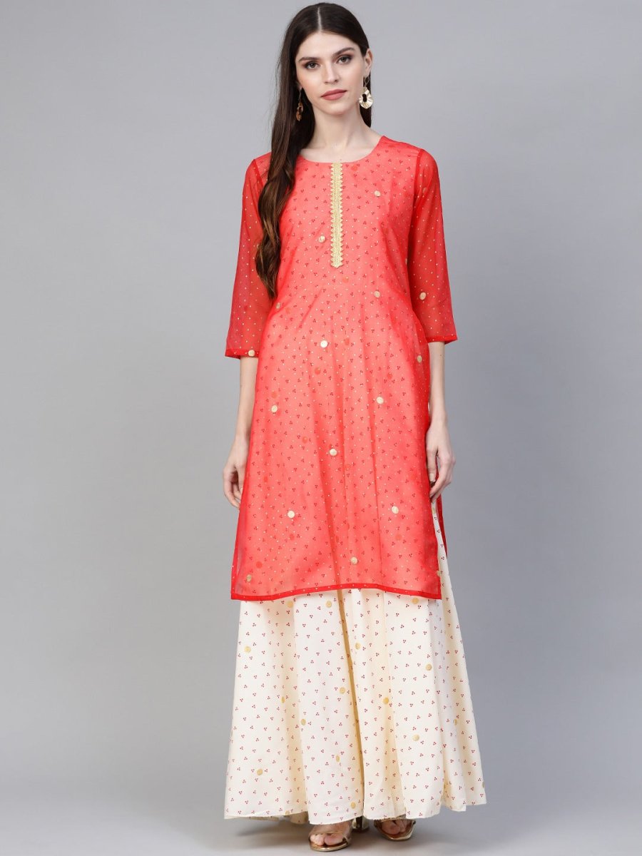Ahalyaa Cream-Coloured & Red Bandhani Foil Printed Layered Beautiful Maxi Dress | Grocsy