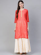 Ahalyaa Cream-Coloured & Red Bandhani Foil Printed Layered Beautiful Maxi Dress | Grocsy