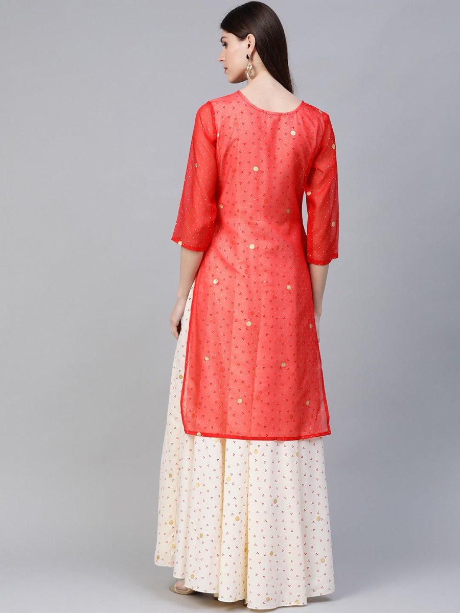 Ahalyaa Cream-Coloured & Red Bandhani Foil Printed Layered Beautiful Maxi Dress | Grocsy