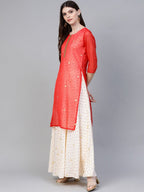 Ahalyaa Cream-Coloured & Red Bandhani Foil Printed Layered Beautiful Maxi Dress | Grocsy