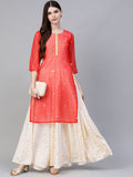 Ahalyaa Cream-Coloured & Red Bandhani Foil Printed Layered Beautiful Maxi Dress | Grocsy