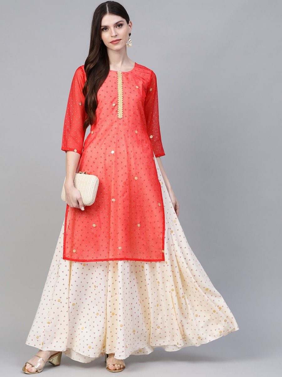Ahalyaa Cream-Coloured & Red Bandhani Foil Printed Layered Beautiful Maxi Dress | Grocsy