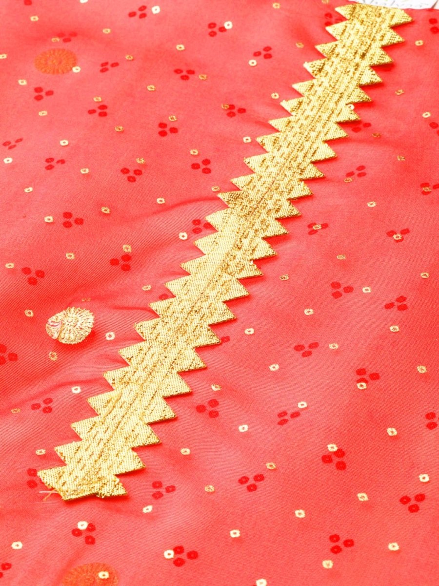 Ahalyaa Cream-Coloured & Red Bandhani Foil Printed Layered Beautiful Maxi Dress | Grocsy