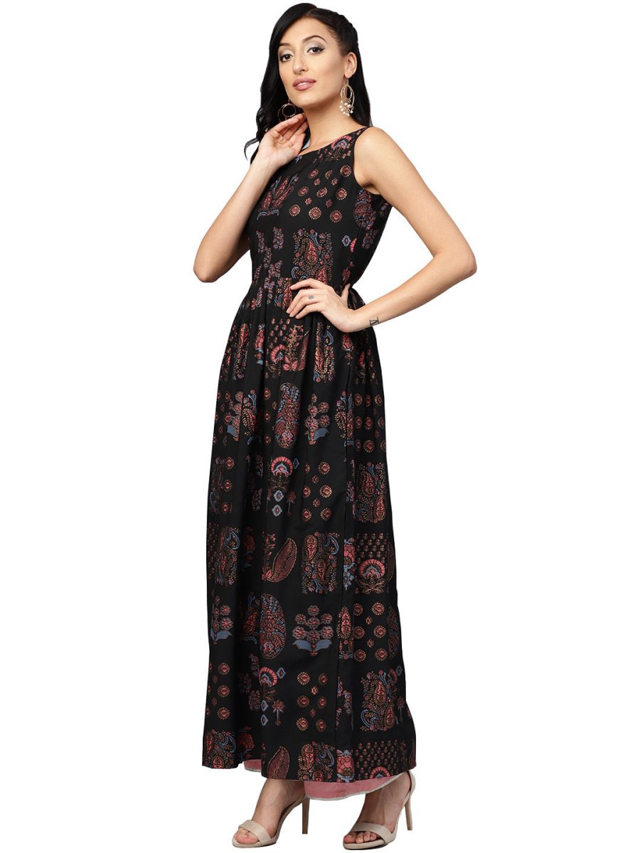 Ahalyaa Black Printed Flare Kurta Dress For Women | Grocsy