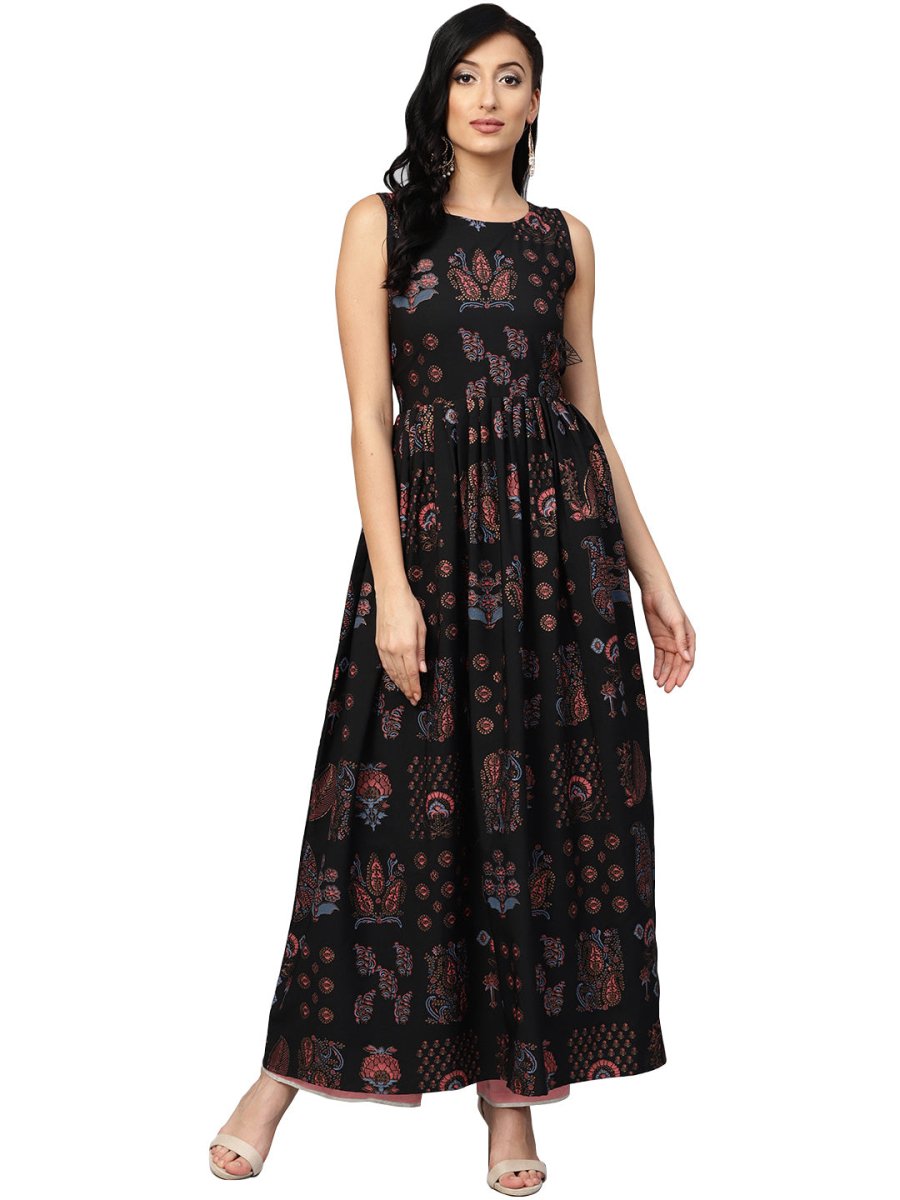Ahalyaa Black Printed Flare Kurta Dress For Women | Grocsy