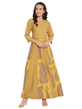 Ahalyaa Mustard Yellow & Grey Printed Fit and Flare Maxi Dress | Grocsy