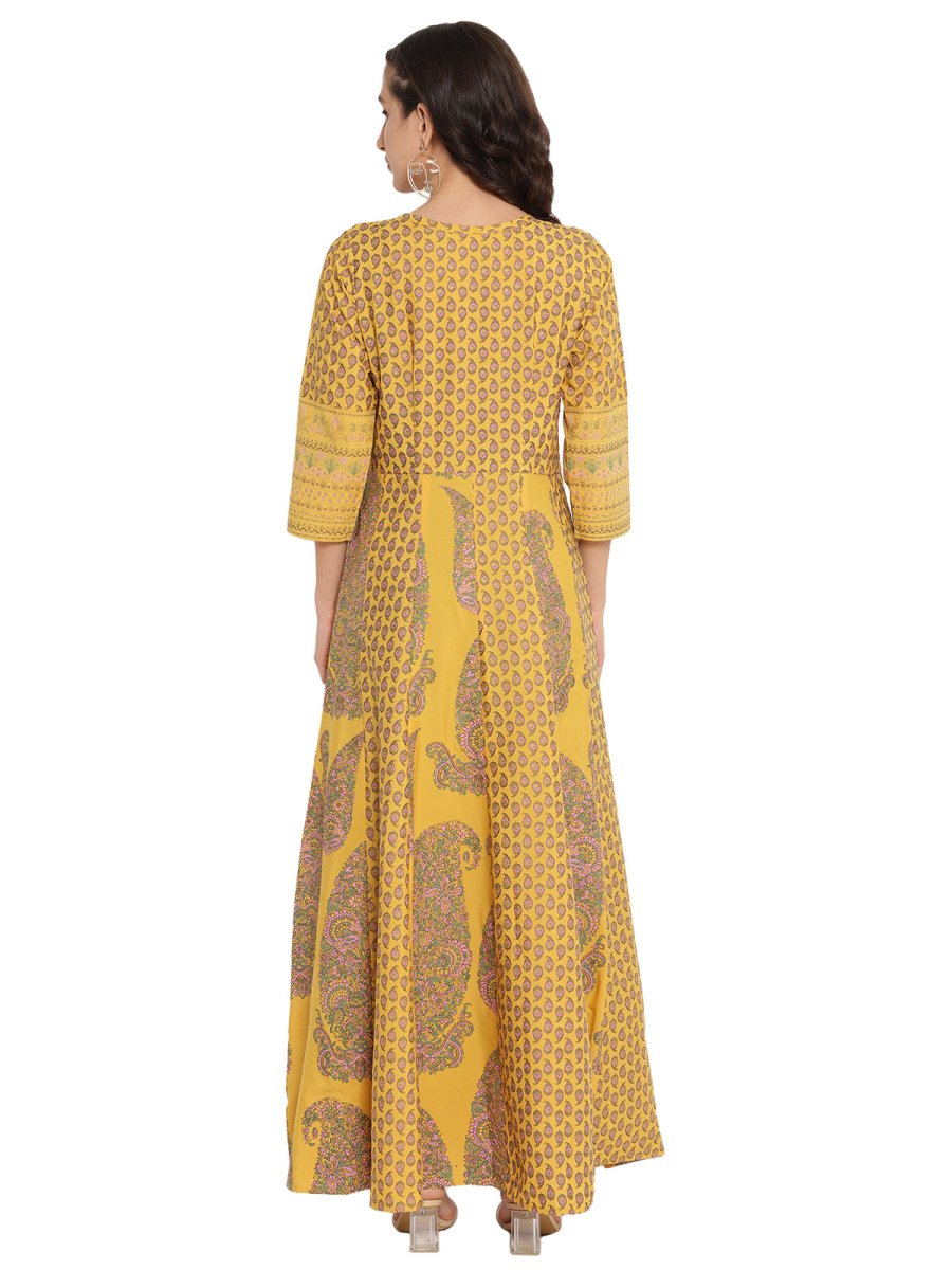 Ahalyaa Mustard Yellow & Grey Printed Fit and Flare Maxi Dress | Grocsy