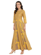 Ahalyaa Mustard Yellow & Grey Printed Fit and Flare Maxi Dress | Grocsy