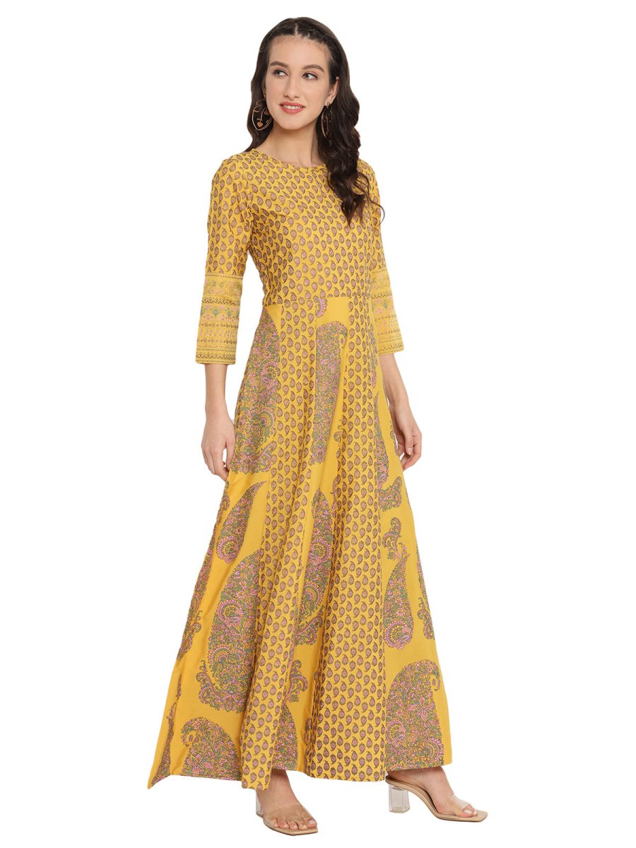 Ahalyaa Mustard Yellow & Grey Printed Fit and Flare Maxi Dress | Grocsy