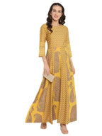 Ahalyaa Mustard Yellow & Grey Printed Fit and Flare Maxi Dress | Grocsy