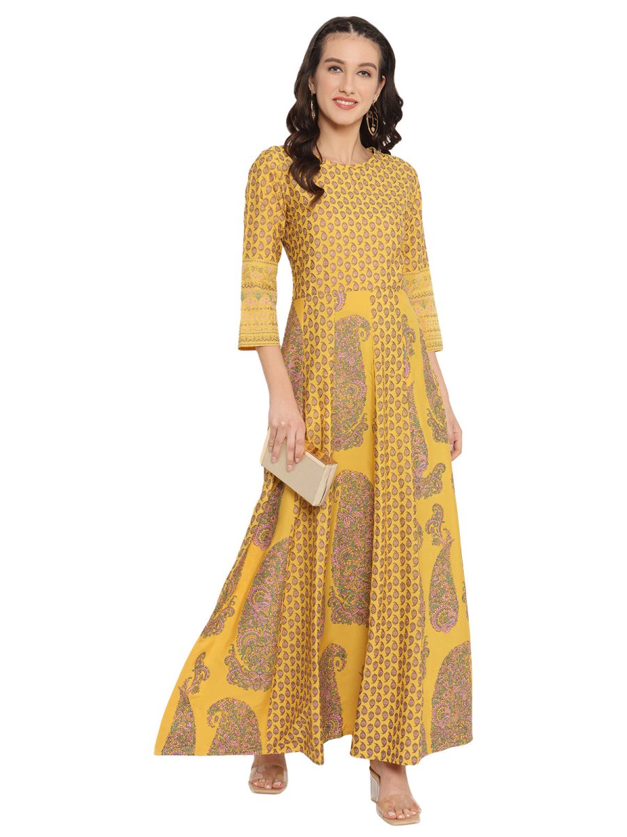 Ahalyaa Mustard Yellow & Grey Printed Fit and Flare Maxi Dress | Grocsy