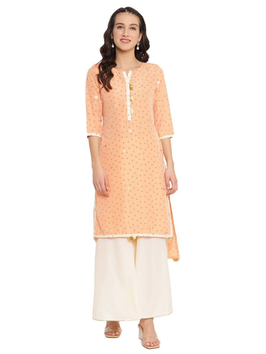 Ahalyaa Peach-Coloured & Red Bandhani Print High Low Straight Kurta | Grocsy