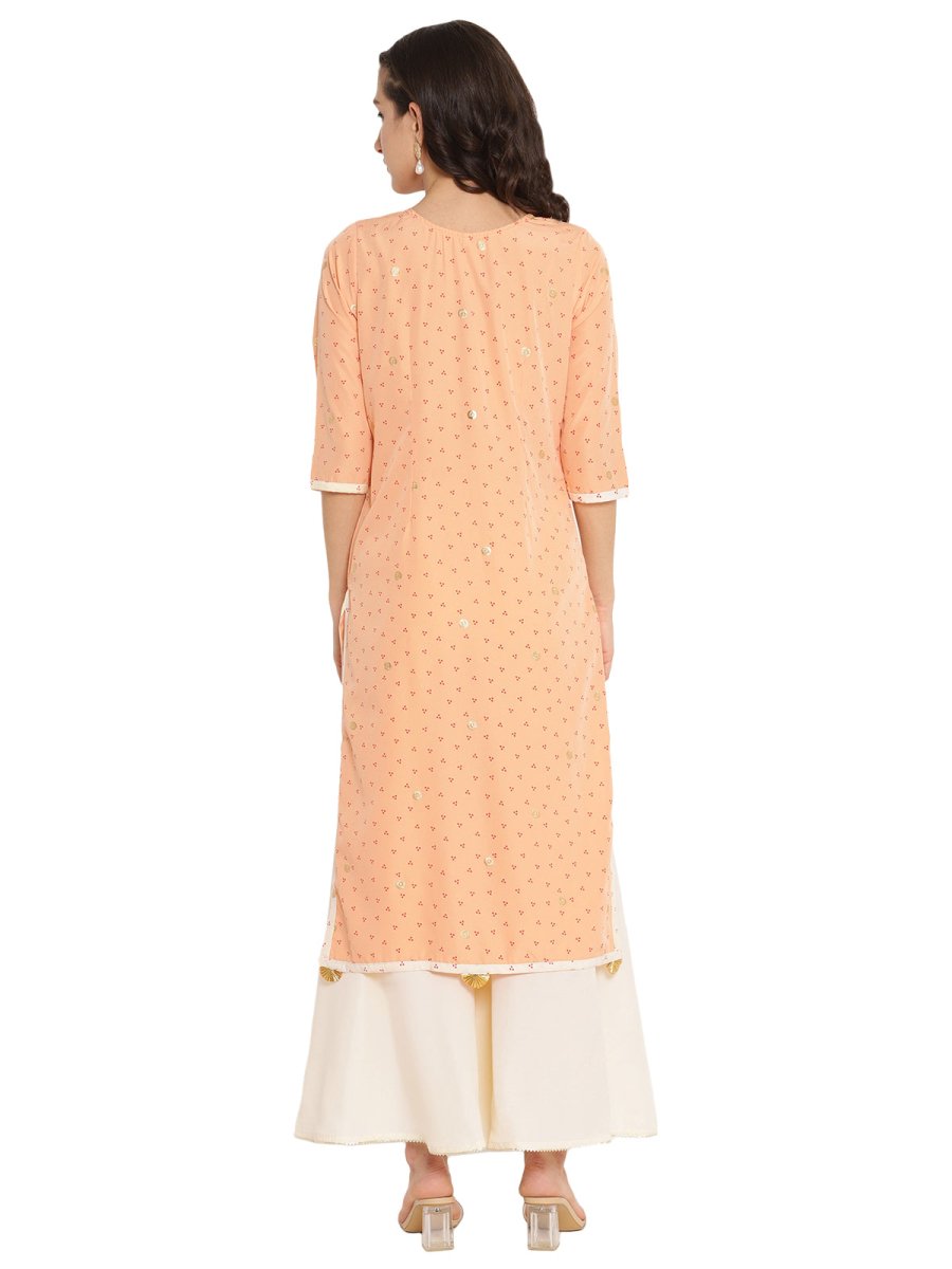 Ahalyaa Peach-Coloured & Red Bandhani Print High Low Straight Kurta | Grocsy