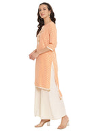 Ahalyaa Peach-Coloured & Red Bandhani Print High Low Straight Kurta | Grocsy