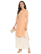 Ahalyaa Peach-Coloured & Red Bandhani Print High Low Straight Kurta | Grocsy
