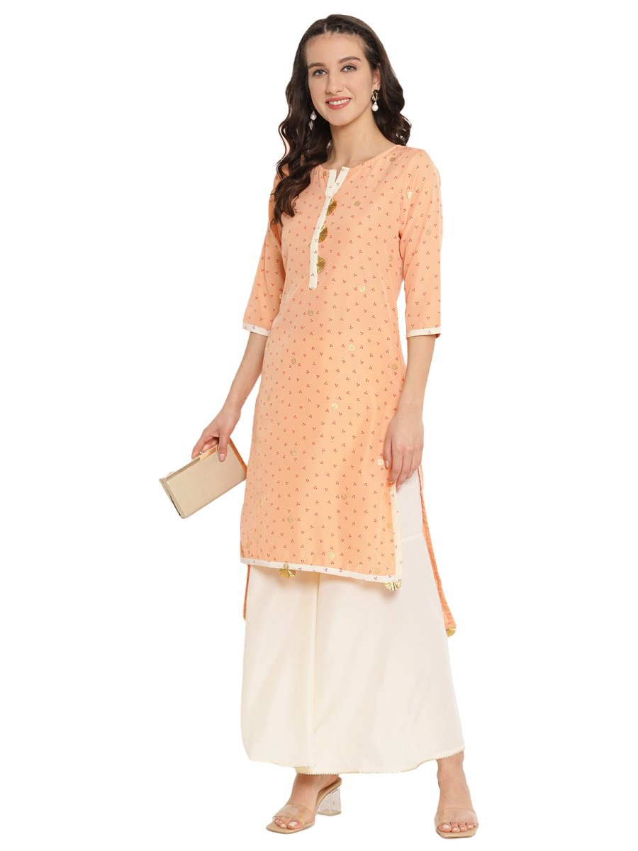 Ahalyaa Peach-Coloured & Red Bandhani Print High Low Straight Kurta | Grocsy