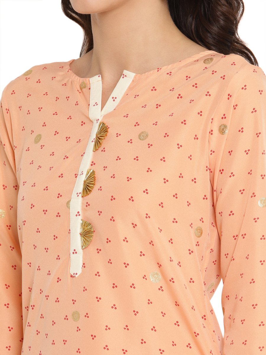 Ahalyaa Peach-Coloured & Red Bandhani Print High Low Straight Kurta | Grocsy