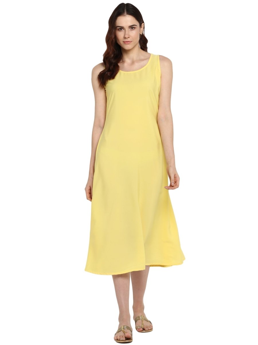 Ahalyaa Women Yellow Solid A-Line Dress | Grocsy