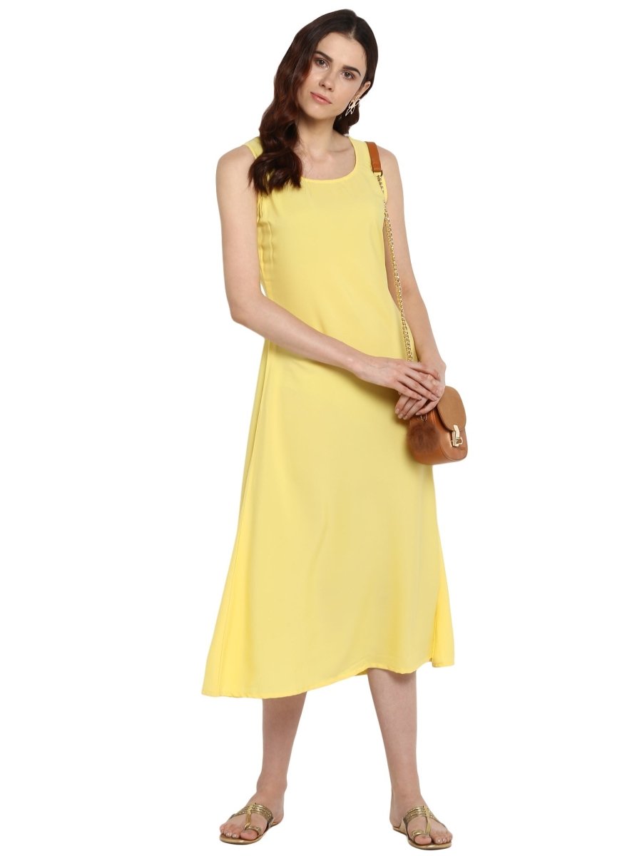 Ahalyaa Women Yellow Solid A-Line Dress | Grocsy