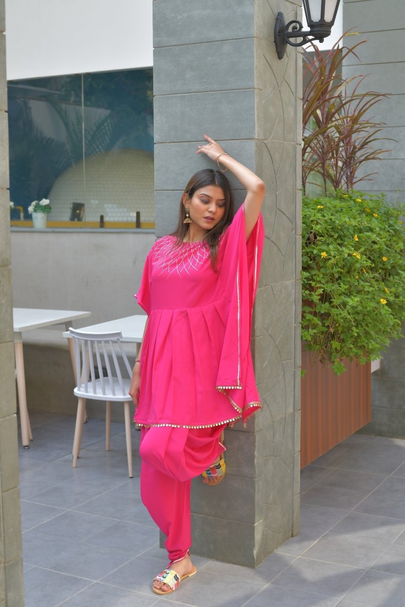 Ahalyaa Women Pink Crepe Glitter Printed Kurta with Dhoti Pants | Grocsy
