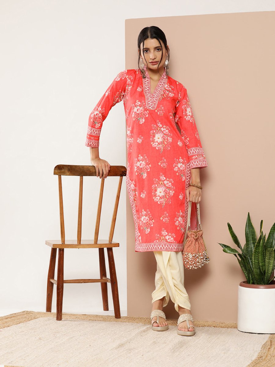 Ahalyaa Women Red Floral Printed Gotta Patti Kurta with Dhoti Pants | Grocsy