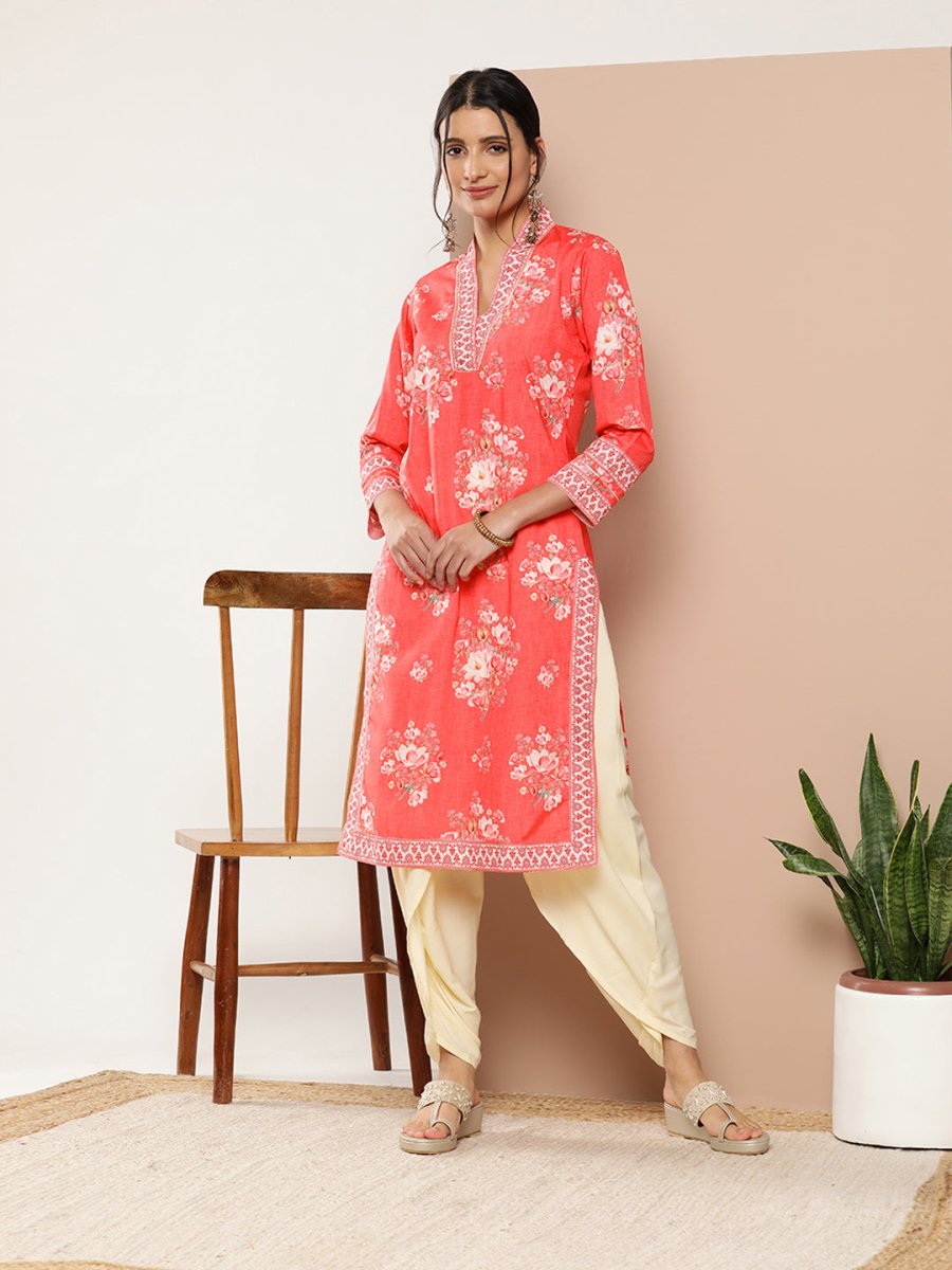 Ahalyaa Women Red Floral Printed Gotta Patti Kurta with Dhoti Pants | Grocsy