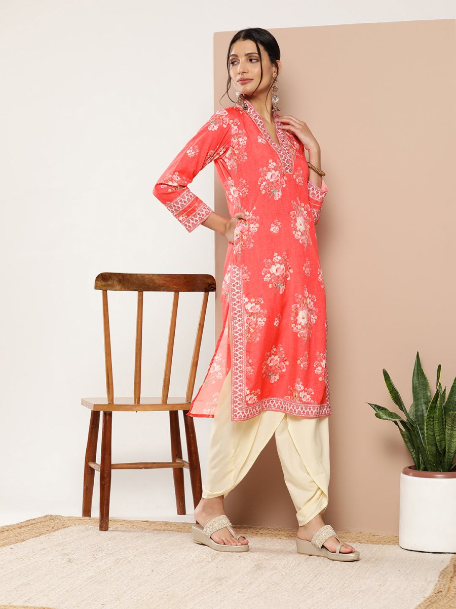 Ahalyaa Women Red Floral Printed Gotta Patti Kurta with Dhoti Pants | Grocsy
