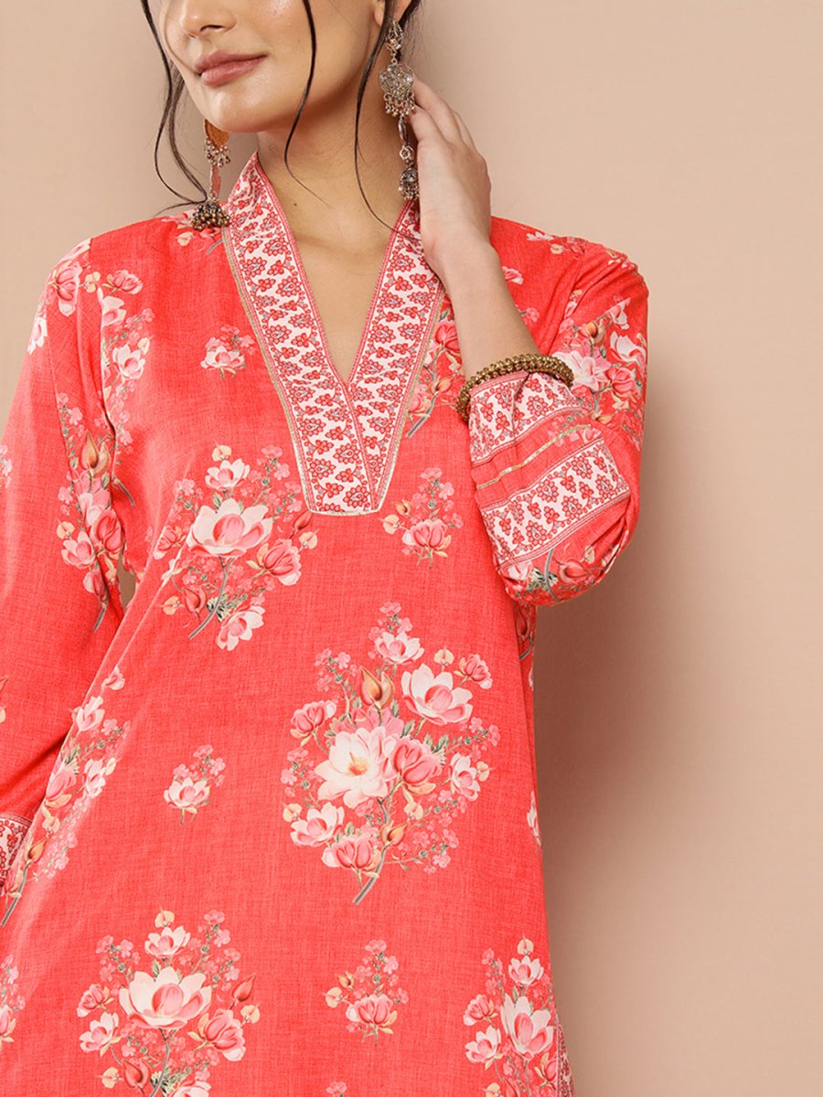 Ahalyaa Women Red Floral Printed Gotta Patti Kurta with Dhoti Pants | Grocsy