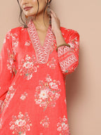 Ahalyaa Women Red Floral Printed Gotta Patti Kurta with Dhoti Pants | Grocsy