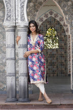 Ahalyaa Women Navy Blue Floral Printed Pleated Kurta with Dhoti Pants | Grocsy