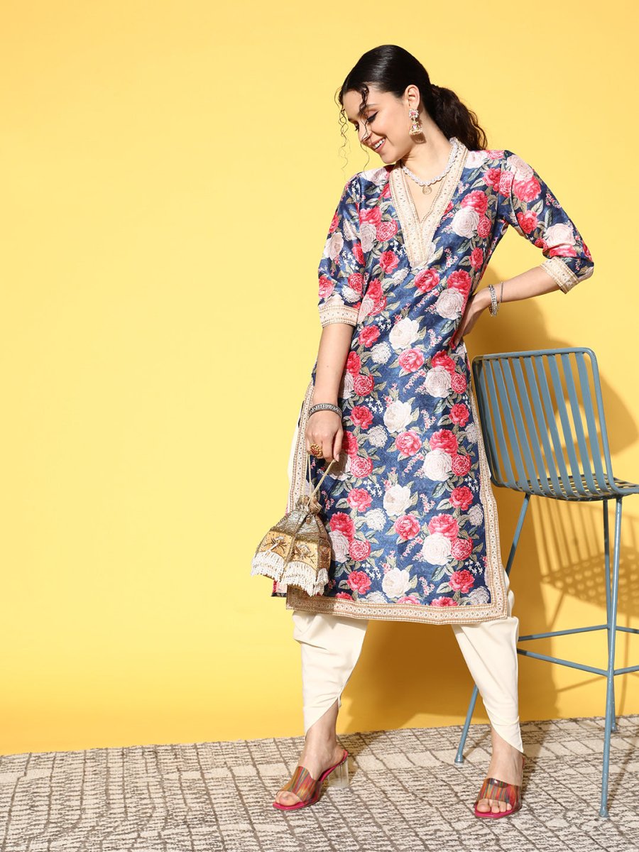 Ahalyaa Women Navy Blue Floral Printed Pleated Kurta with Dhoti Pants | Grocsy