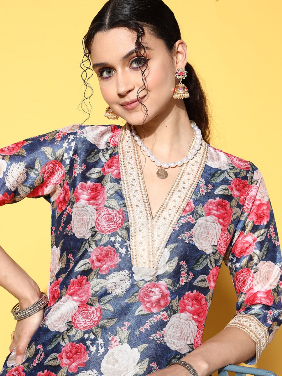 Ahalyaa Women Navy Blue Floral Printed Pleated Kurta with Dhoti Pants | Grocsy